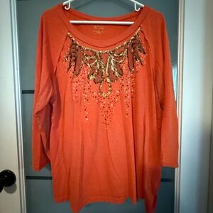 New Directions Orange Long Sleeve Top with Gold Embellishments